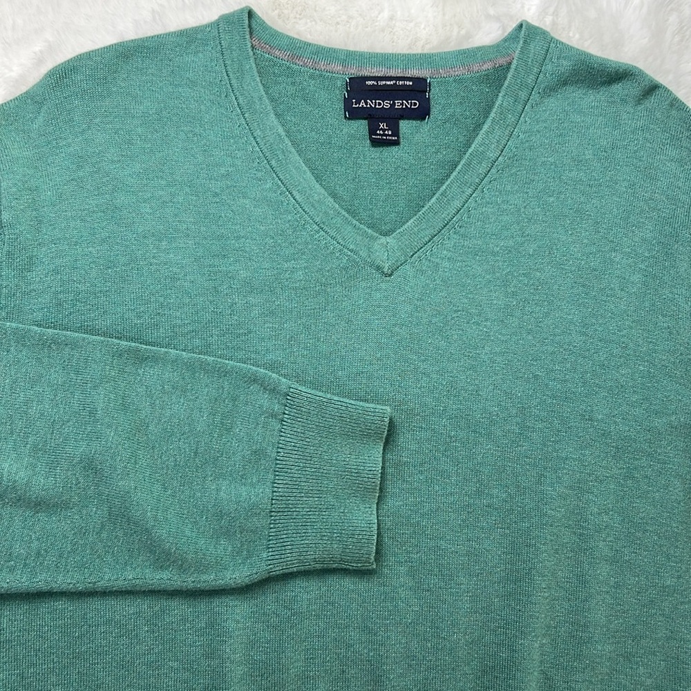 LANDS END Supima Cotton V Neck Pullover Sweater Mens XL‎ Lightweight Sage Green